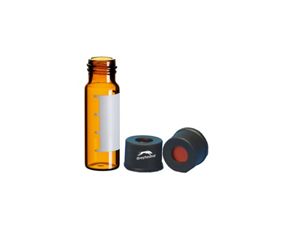 Picture of Vial Kit - P/Nos. 60-100166-A + 60-101323  4mL Screw Top Vial, Amber Glass with Graduated Write-on Patch + 13-425 Black Open Top Polypropylene Screw Cap with Red PTFE/Red Rubber Septa, 1mm